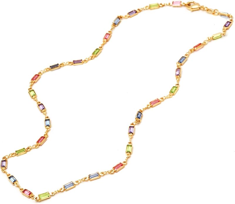 Barzel 18K Gold Plated Multi Stone Crystal Baguette Necklace for Women - Made In Brazil