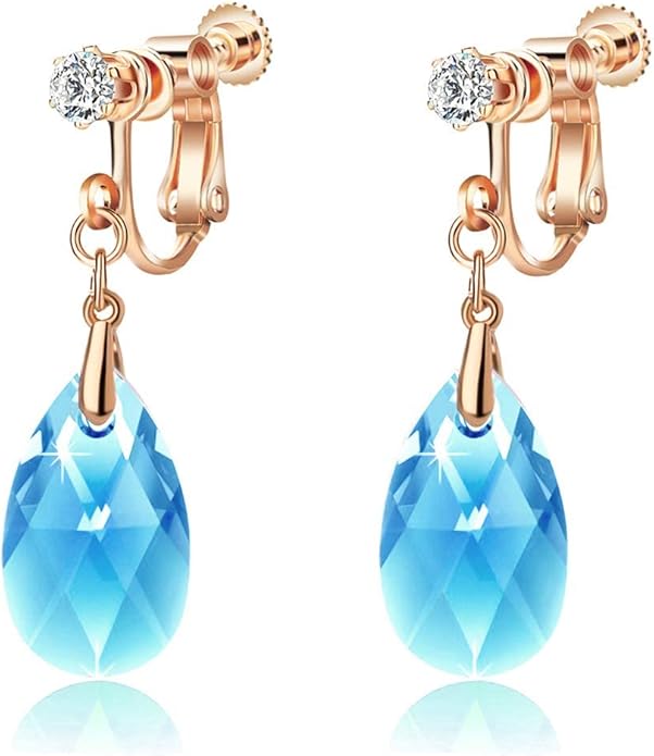 Teardrop Austrian Crystal Drop Clip On Dangle Earrings for Women Non Pierced 14K Rose Gold Plated Hypoallergenic Jewelry