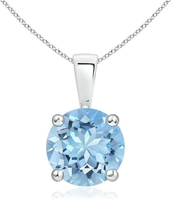 Angara Natural Aquamarine Solitaire Pendant for Women | Round Aquamarine Solitaire Pendant Necklace in 14K Solid Gold/Silver/Platinum With 18" Chain | March Birthday, Gemstone Jewelry Gift