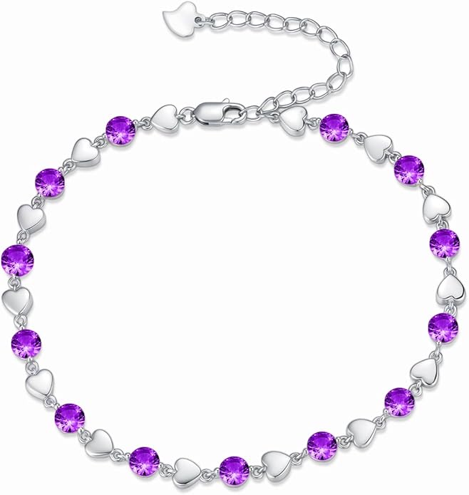 Birthstone Charm Link Bracelet 925 Sterling Silver Rose/Heart/Mom Bracelet with 12 Months Birthstone Mother's Day Gift Jewelry Gifts for Women,Chain Length 7"+2" Extend