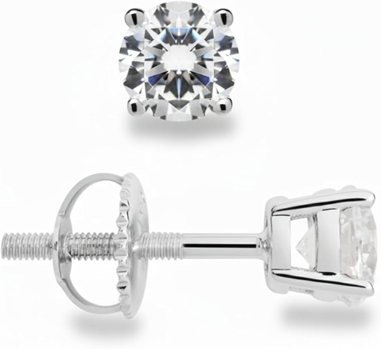 14K White Gold Moissanite Earrings Men & Women, Solid Gold Simulated Diamond and Lab Diamonds Studs for Men & Women, 1ct - 2ct Round, Princess, Heart, Halo Cut, Dangle, Lever or Screw Back Earrings, VVS1, D Color, Pink or Blue - Luxury Gift Box