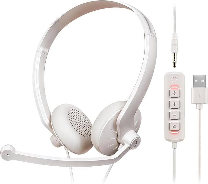 USB Headset with Microphone for PC - Wired Computer Headphones with Noise Cancelling Microphone for Home Office Online Class Skype Zoom Meetings