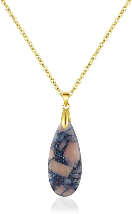 Natural Healing Stone Chain Necklaces for Women Teardrop Gemstone Pendant Statement Gold Necklace