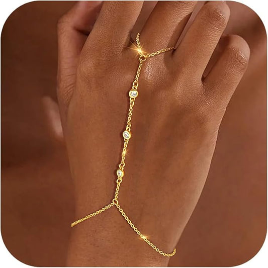 Gold Hand Chain for Women - Adjustable 14K Gold Plated Dainty Ring Bracelet Hand Chain Trendy Finger Ring Bracelet Hand Chains Stack Summer Jewelry for Women