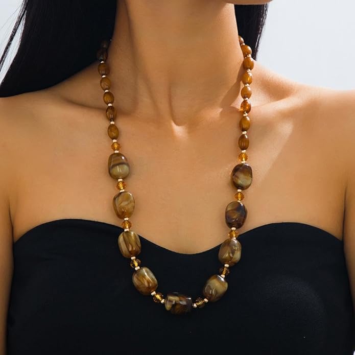 Chunky Beaded Necklace For Women, Multi Color Boho Irregular Oval Bead Long Necklaces Vintage Unique Statement Jewelry Gifts