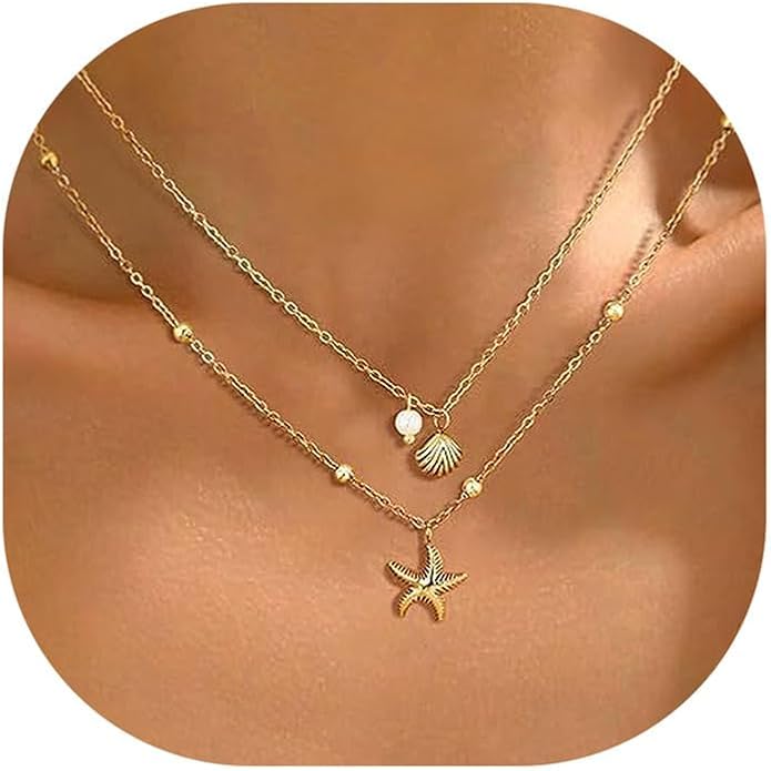 Evabelle Gold Layered Necklace for Women Trendy Jewelry 14K Real Gold Plated Chunky Chain Stackable Necklaces Dainty Choker Necklaces Rectangle Square Pendant