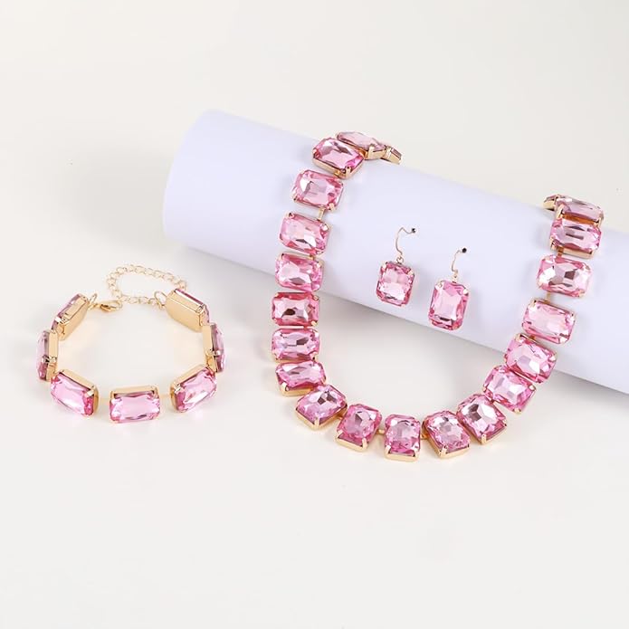 KOSMOS-LI Rectangle Faux Crystal Jewelry Sets Includ Necklace Bracelet Earrings For Women Stocking Stuffers