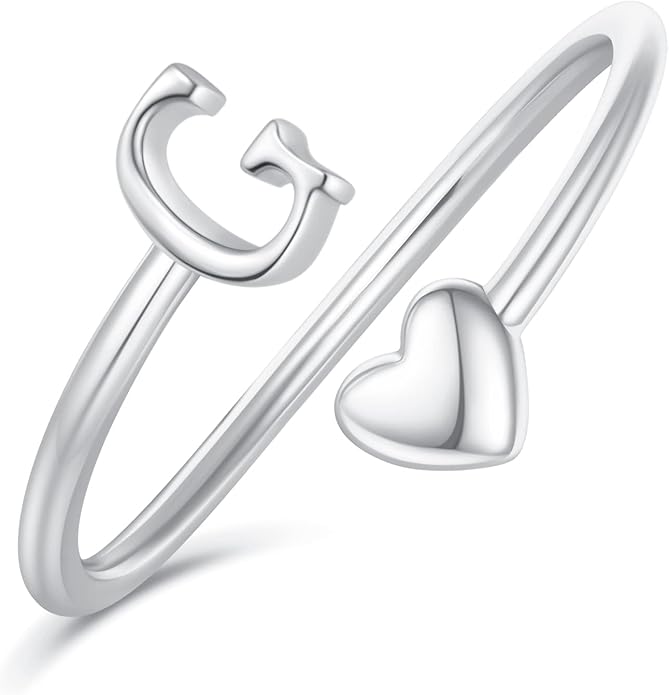 Initial Rings for Women Girls - Valentines Day Gifts for Her, Adjustable Rings for Women Non Tarnish Letter A-Z Dainty Heart Ring Teen Girls Gifts Trendy Stuff Personalized Jewelry Gift