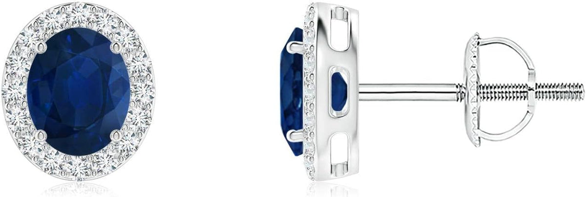 ANGARA Natural Blue Sapphire Earrings for Women | Prong-Set Oval Blue Sapphire Stud Earrings with Diamond Halo in 14K Solid Gold/Platinum | September Birthday, Anniversary, Gemstone Jewellery Gift