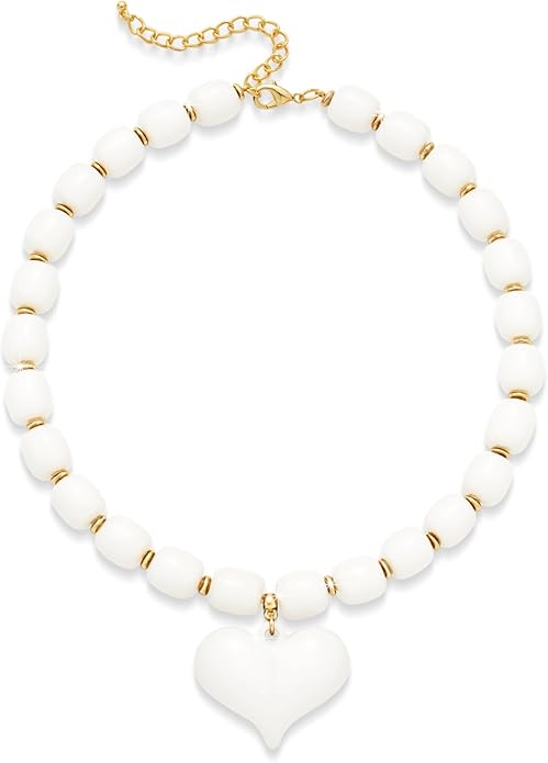 Large Acrylic Heart Necklaces for Women Chunky Puffy Heart Pendant Necklace Exaggerated Statement Love Beaded Choker Necklace Jewelry