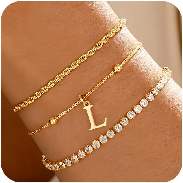 Valentines Day Gifts for Her Kids - Dainty Gold Bracelets for Women Personalized Gold/Silver Initial Bracelet Stack Stackable Rope Box Chain Tennis Bracelets for Girls Jewelry Set
