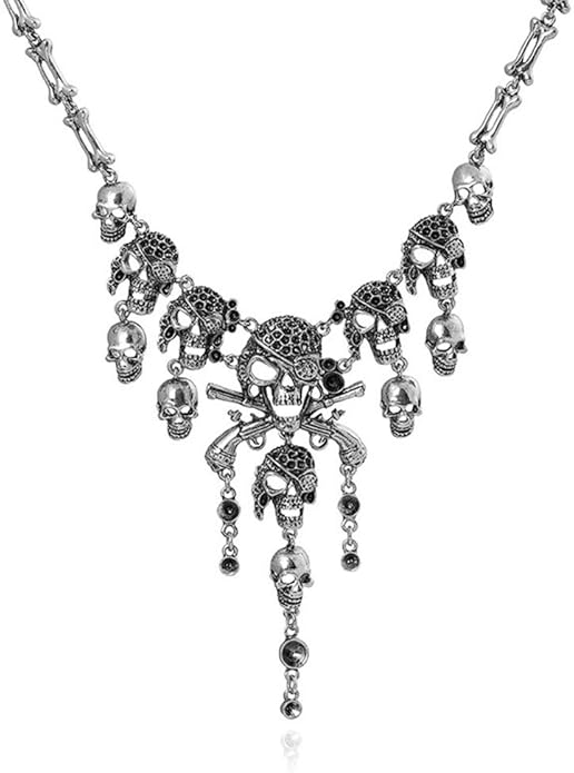 Jewelry Fashion Multi-Level Pirate Skull Tassel Charm Necklace Collar Bib for Women Horror Necklace Punk