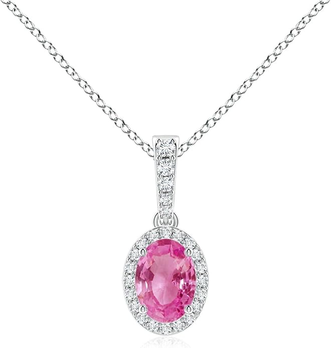 Angara Natural Pink Sapphire Pendant for Women | Vintage Style Oval Pink Sapphire Halo Pendant in 14K Solid Gold/Platinum With 18" Chain | Birthday, Anniversary, Gemstone Jewelry Gift