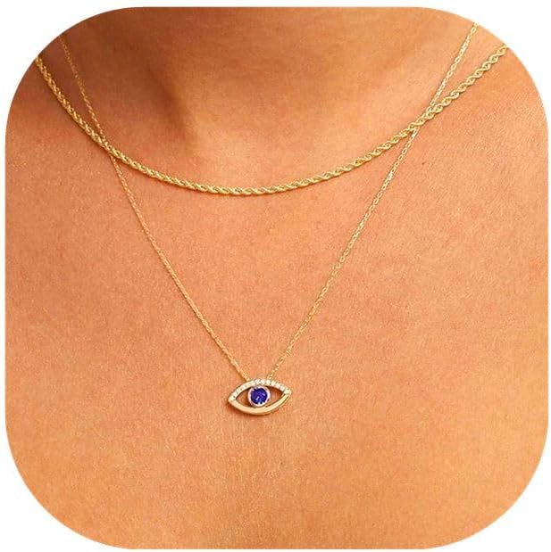 Evil Eye Necklace for Women 14K Gold Plated Delicate Necklaces Blue White CZ Diamond Pendant Necklace Cute Boho Tiny Evil Eye Lucky Protection Jewelry Gift for Women