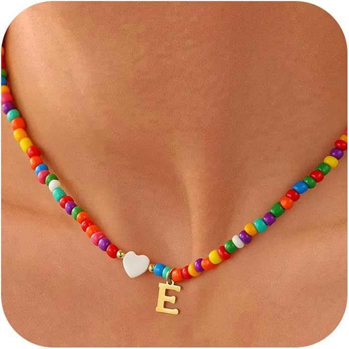 Valentines Day Gifts for Kids Women Girls - Colorful Beaded Initial Necklace Teen Girls Trendy Stuff Dainty Letter A-Z Choker Necklace Valentines Day Gifts for Her Mom Jewelry