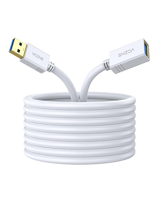 VCZHS Tech USB Extension Cable White 6.6ft, USB 3.0 Extender for High-Speed Data Transfer & Fast Charging, Durable & Flexible for Mouse, Keyboard, Printer, Flash Drive, Webcam, and More
