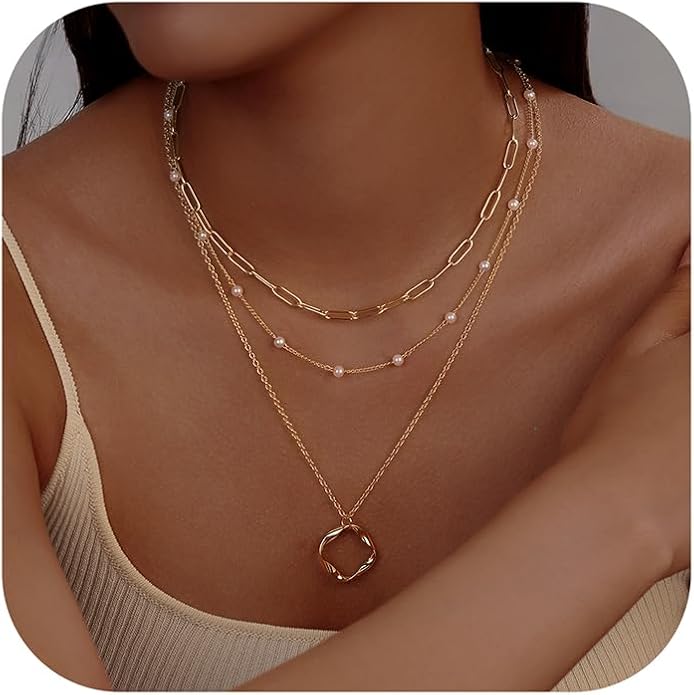 Evabelle Gold Layered Necklace for Women Trendy Jewelry 14K Real Gold Plated Chunky Chain Stackable Necklaces Dainty Choker Necklaces Rectangle Square Pendant