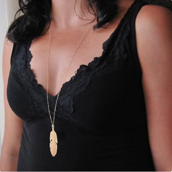 Long Necklaces for Women - Fashion Pendant Necklace Jewelry, Silver Bar Feather Circle Leaf Lock Tassel Y Necklace Jewelry Set for Girls