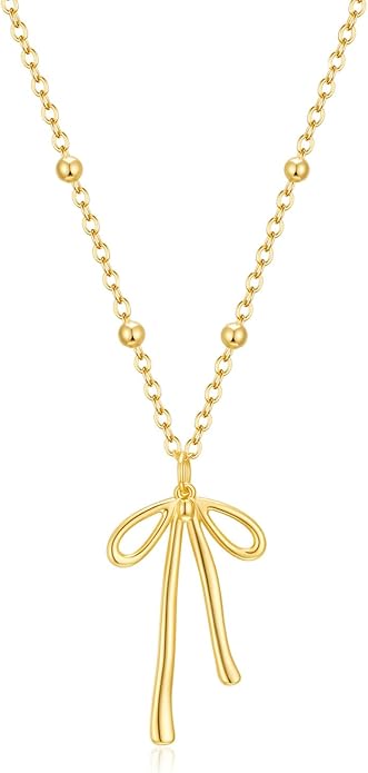 Valentines Day Gifts for Her - Dainty Bow Necklace for Women 14K Gold Plated Cute Choker Small Pendant Charm Necklaces Teen Gift Trendy Stuff Personalized Jewelry