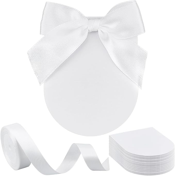 WADORN 100 Pack Wedding Place Cards with Bow Ribbon, DIY Wedding Placecards Sets with 3.5x2.7 Inch Blank Writable Arch Name Table Cards and 25 Yards Ribbon for Weddings Thank You Party Supplies