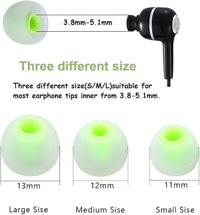 Earbuds Replacement Tips Silicone Earbud Tips Ear Gels Fit for Inner Hole from 3.8mm - 5.1mm Earphones 9 Pairs S/M/L Clear Green