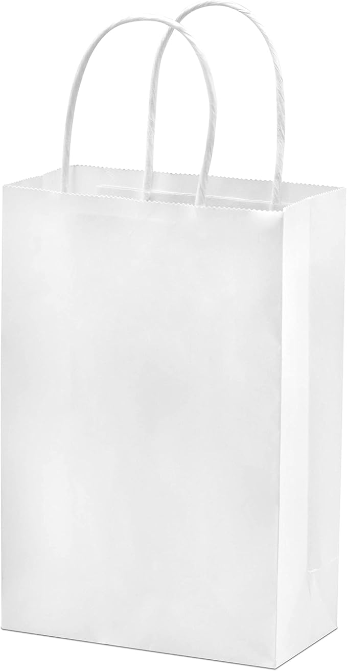 Prime Line Packaging White Paper Bags, Mini Gift Bags with Handles for Small Business, Shopping, Boutique, Merchandise, Party Favors, Bulk, 6x3x9, 100 Pack