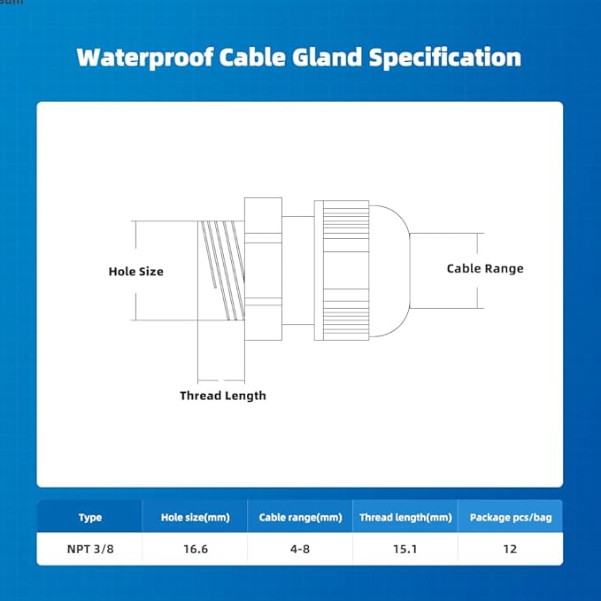Cable Gland 12 Pack 3/8" NPT Waterproof Adjustable Connector Strain Relief Cord Connectors Joints Nylon with Gaskets…