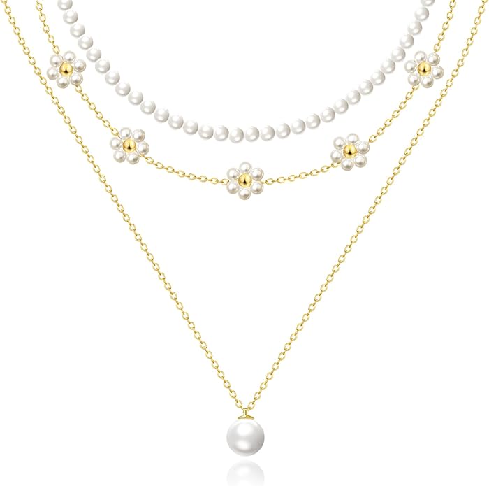 Zeffy Gold Pearl Necklace for Women, Dainty 14K Gold/Silve Plated Layered Pearl Choker Pearl Earrings Pearl Bracelets Wedding Trendy Gold Jewelry Set for Women Gifts