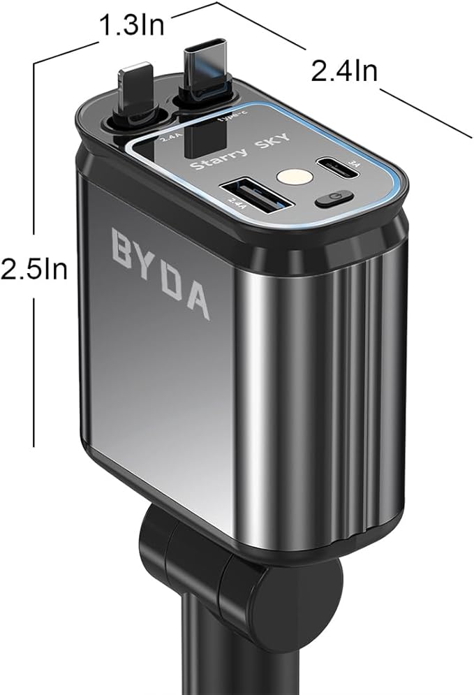 Fast Car Charger 4 in 1 Retractable Car Charger 69W with Starry Light,USB-C Fast Car Accessories,Compatible with All iPhones All Android Phones (GreyLightning+USB-C & PurpleLight)