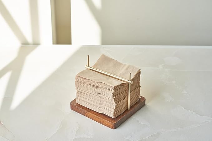 Handmade Brass Napkin Holder, Wood Square Tabletop Napkin Dispenser with Brass Holder for Home, Kitchen, Office, Restaurant, Hotel, Cafe, Outdoor, Perfect Warming Gift