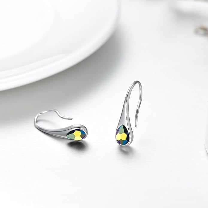 925 Sterling Silver Small Pear-Shaped Modern Style Hook Earrings with Crystals from Austria