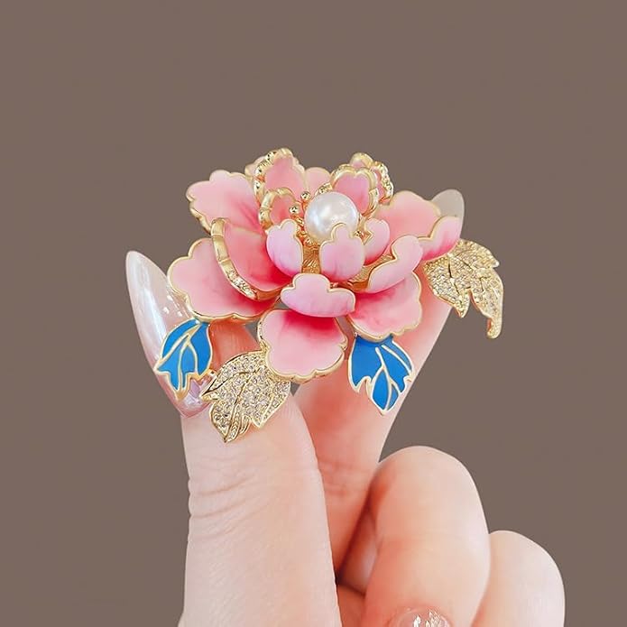 3Pcs Peony Flower Brooch Pin for Women Elegant Enamel Floral Brooch Set Dainty Cubic Zircon Pearl Lapel Pins Flower Pins for Clothes Hat Dress Accessories Prom Jewelry