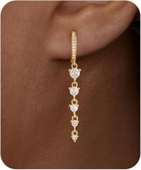 Dangle Earrings For Women Trendy 14K Gold Plated Drop Silver Long Dangling Dainty CZ Simple Hanging Jewelry