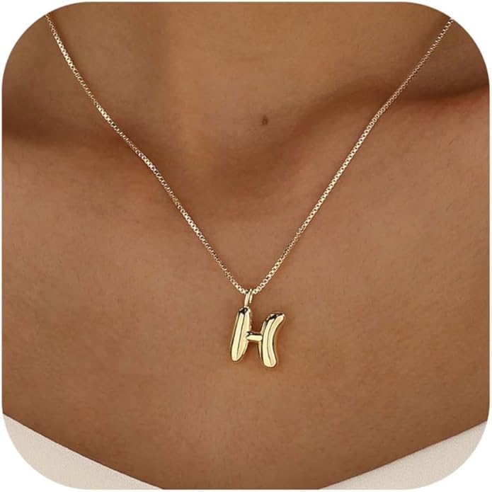 Bubble Gold Silver Letter Necklace Initial Necklaces for Women Trendy 14K Dainty Charm Pendant Name Necklace Personalized Jewelry Gift for Women Teen