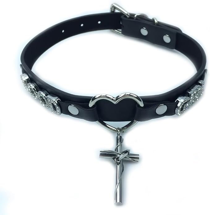 Succuba Handmade Heart Ring Rhinestone Letter Pu Leather Choker Collar Necklace for Women and Men