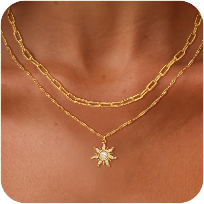 CHESKY Layered Necklaces for Women Trendy, Dainty 14k Gold Plated Pendant Necklace Layering Necklace for Women Non Tarnish Hypoallergenic Sun Gold Necklace Stack Gold Jewelry for Women Gifts