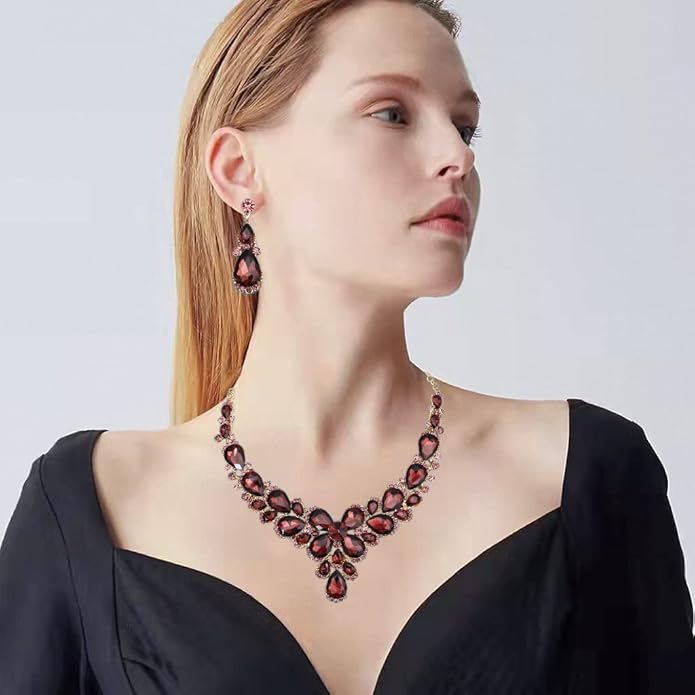 Women's Wedding Bridal Austrian Crystal Glass Teardrop Statement Necklace Dangle Earrings Bracelet Ring Wedding Party Jewelry Set for Bridal Bridesmaid