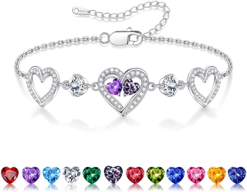 Iefil Valentines Day Gifts for Her - 925 Sterling Silver Heart Birthstone Bracelet Birthday Anniversary Jewelry Gifts for Her Wife