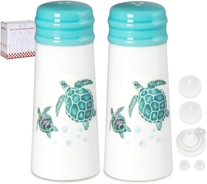Salt and Pepper Shakers Set - HAPPY KIT 2-Count Ceramic Salt and Pepper Grinder Set with Silicone Lid and Funnel for Table, RV, Camp, BBQ Gift Box Ready (Sunflower)