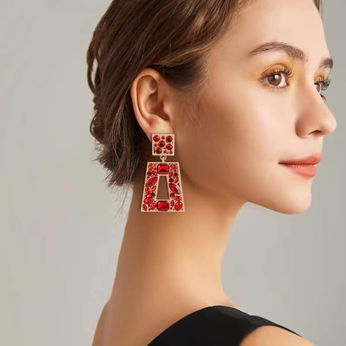 Rhinestone Rectangle Statement Earrings Colorful Crystal Geometric Drop Dangle Earrings for Women Prom Party