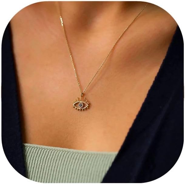 Evil Eye Necklace for Women 14K Gold Plated Delicate Necklaces Blue White CZ Diamond Pendant Necklace Cute Boho Tiny Evil Eye Lucky Protection Jewelry Gift for Women