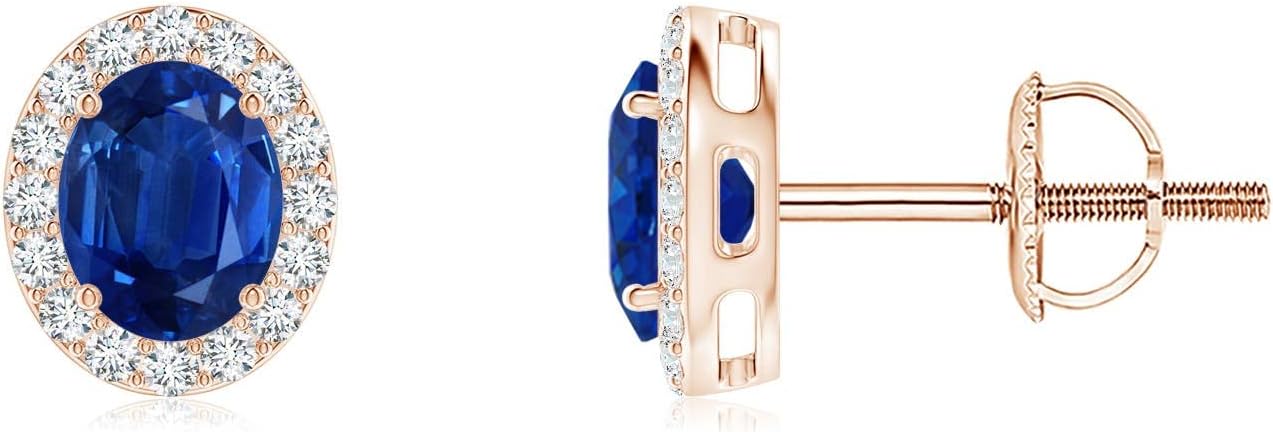 ANGARA Natural Blue Sapphire Earrings for Women | Prong-Set Oval Blue Sapphire Stud Earrings with Diamond Halo in 14K Solid Gold/Platinum | September Birthday, Anniversary, Gemstone Jewellery Gift