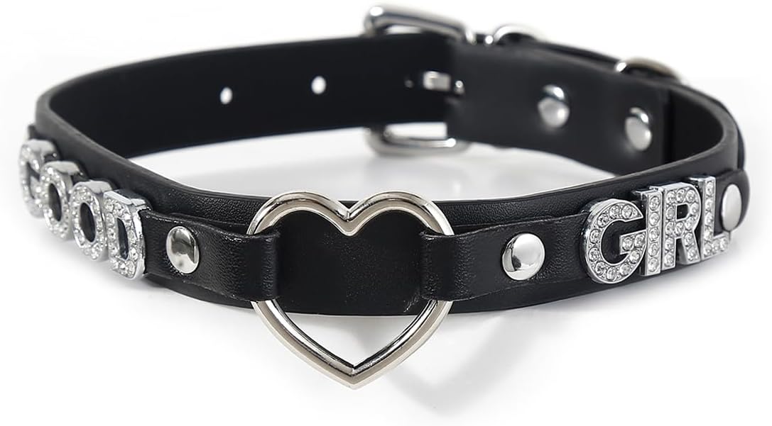 Succuba Handmade Heart Ring Rhinestone Letter Pu Leather Choker Collar Necklace for Women and Men