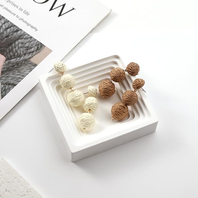 4 Pairs Handmade Raffia Rattan Bohemian Round Drop Dangle Earrings for Women, Boho Statement Cute Fun Hoop Earrings Set