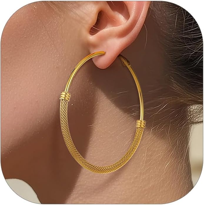 KeyStyle Mesh Hoop Earrings for Women, Stainless Steel Gold Hoops Earring Lightweight Loops, 2MM Thick Hypoallergenic Circle Endless Hollow Hoop 20mm-80mm