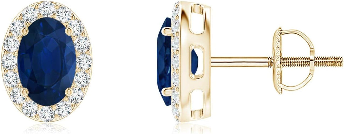 ANGARA Natural Blue Sapphire Earrings for Women | Prong-Set Oval Blue Sapphire Stud Earrings with Diamond Halo in 14K Solid Gold/Platinum | September Birthday, Anniversary, Gemstone Jewellery Gift