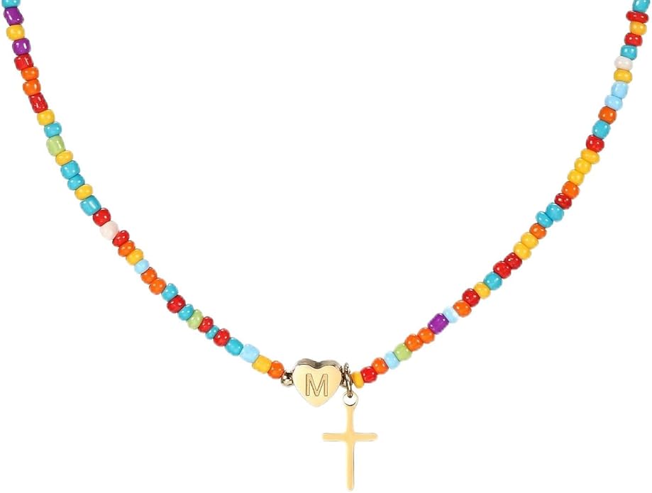 Colorful Initial Cross Necklace for Girls Women Kids - Teen Girls Gifts Trendy Stuff Beaded Letter Cross Choker Necklace for Girls Gifts Jewelry