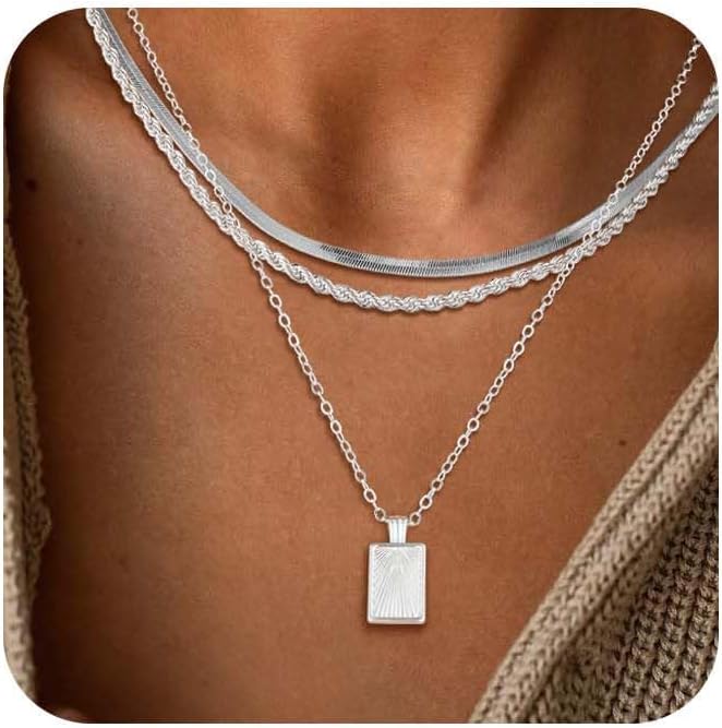 Evabelle Gold Layered Necklace for Women Trendy Jewelry 14K Real Gold Plated Chunky Chain Stackable Necklaces Dainty Choker Necklaces Rectangle Square Pendant