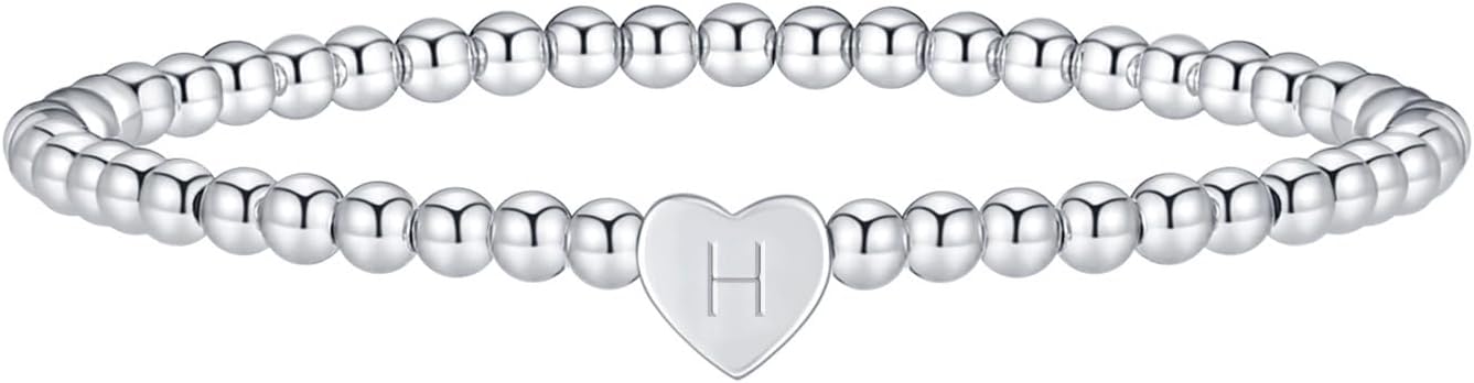 Valentines Day Gifts for Women Her - Dainty Beaded Heart Initial Bracelets Letter A-Z Charm Stretch Bead Ball Bracelet Trendy Jewelry Gifts