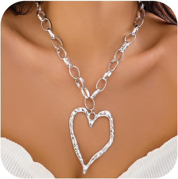 Bold Big Chunky Gold Heart Necklace for Women, Unique Large Thick Hollow Love Heart Pendant Chain Choker Necklaces Punk Party Prom Y2K Jewelry Gifts